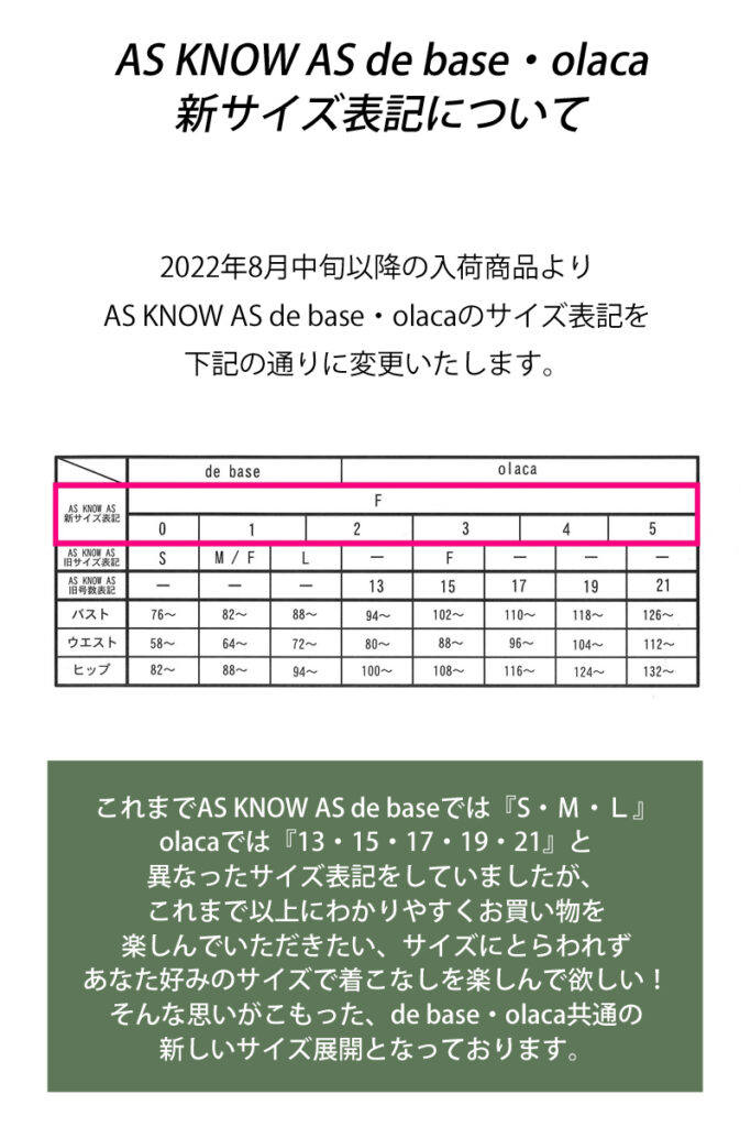 debase/olaca 新サイズ表記について